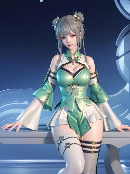 1girl,detached sleeves,white skirt,cityscape,night,standing,looking at viewer,green clothes,grey hair,hair ornament,double bun,thigh strap,sitting,chair,jewelry,   <lora:CFyyyXG_20230718193431-000012:0.8>