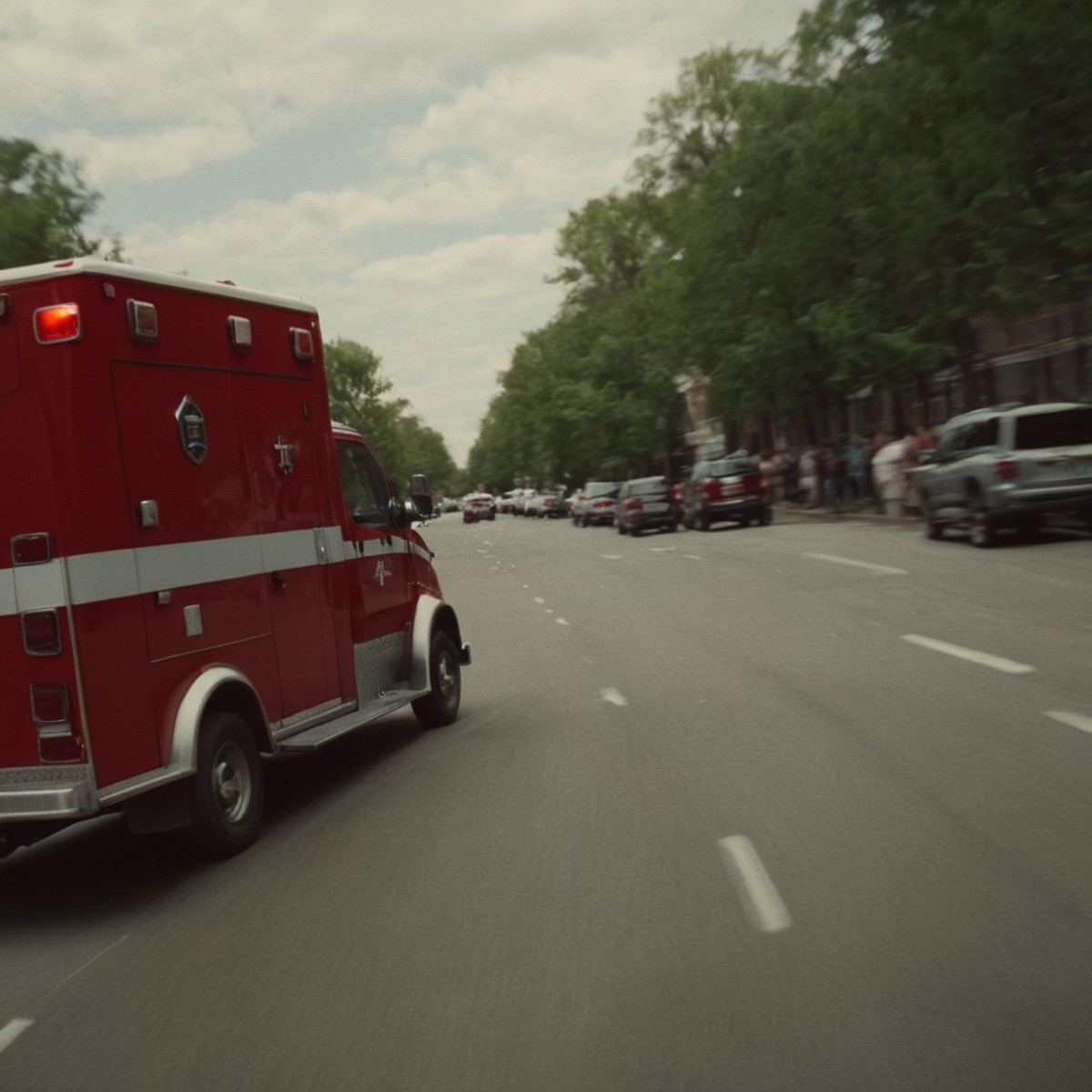 cinematic film still of  <lora:rotated view Style:1> rotated camera angle view style:1.5
a red ambulance is driving down t...