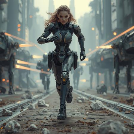 cinematic photo a combat cyborg girl with sleek, augmented legs running at high speed through a futuristic battlefield, dodging laser fire, her body designed for agility and combat. 35mm photograph, film, bokeh, professional, 4k, highly detailed