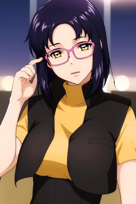 (Night:1.7), Japan, Tokyo, CityView, Before Window,
Standing at attention,
yellow vest and black vest with a green shirt on,
<lora:Juri_Wu_Nien_Gundam_Seed-KK77-V1:0.7>,glasses,
 purple hair, yellow eyes,short hair,
1 girl, 20yo,Young female,Beautiful Finger,Beautiful long legs,Beautiful body,Beautiful Nose,Beautiful character design, perfect eyes, perfect face,expressive eyes,
looking at viewer, in the center of the image,(Upper_body),(close-Up),(Focus on her face),
official art,extremely detailed CG unity 8k wallpaper, perfect lighting,Colorful, Bright_Front_face_Lighting,shiny skin,
(masterpiece:1.0),(best_quality:1.0), ultra high res,4K,ultra-detailed,
photography, 8K, HDR, highres, absurdres:1.2, Kodak portra 400, film grain, blurry background, bokeh:1.2, lens flare, (vibrant_color:1.2)
(Beautiful,Breasts:1.0), (beautiful_face:1.5),(narrow_waist),