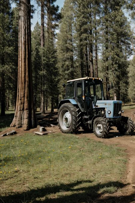 photo RAW,(mtz82, a gray tractor parking on A forest scene with a serene picnic spot under a giant sequoia tree <lora:mtz82:0.65>,Realistic, realism, hd, 35mm photograph, 8k), masterpiece, award winning photography, natural light, perfect composition, high detail, hyper realistic, dusty atmospheric haze, high quality textures of materials, volumetric textures, coating textures, metal textures