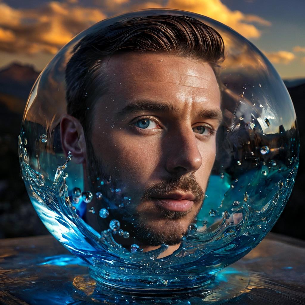 long shot scenic professional photograph of A hyperrealistic portrait of a man whose body is composed of constantly shifting liquid glass, his skin flowing and reforming into intricate, glowing patterns as it moves. His face is partially visible through the glass, but large sections are melting and reforming in real-time. His eyes are glowing orbs of liquid light, and his hair is made of flowing, molten glass that drips and reforms as it moves. Behind him, the background is a surreal, glowing landscape of flowing glass rivers and crystalline mountains, all reflecting and refracting the light in a dazzling array of colors., perfect viewpoint, highly detailed, wide-angle lens, hyper realistic, with dramatic sky, polarizing filter, natural lighting, vivid colors, everything in sharp focus, HDR, UHD, 64K