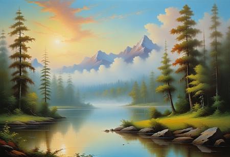 Landscape, left side - total fog, right side - the edge of a forrest at the lagoon, dreamlike atmosphere, painted by bob ross, broad brushstrokes, highly detailed, refined, defined, follow negative prompts