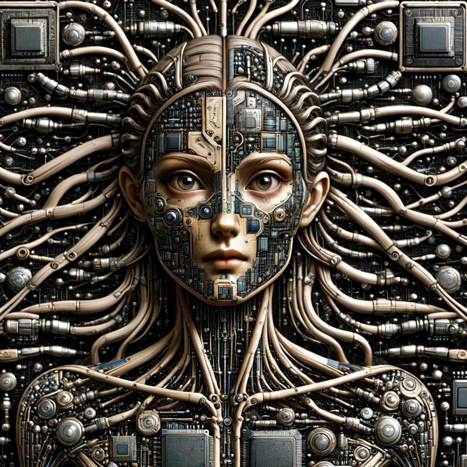 A 3D model of a woman's face with intricate wires and circuits attached to it.