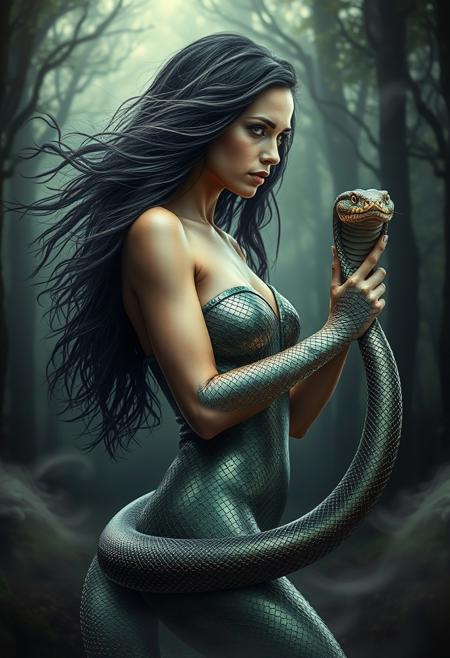 A mesmerizing scene capturing the transformation of a woman into a snake. The image shows a woman with flowing hair, her body partially covered in shimmering scales as she begins to metamorphose. Her arms elongate and blend into the body of a sleek, coiled snake. Her eyes are sharp and glowing, reflecting the primal energy of the transformation. The background is a mystical forest with swirling fog, creating an ethereal atmosphere. The colors are a mix of deep greens, blacks, and metallic hues, highlighting the seamless blend between human and reptilian forms.