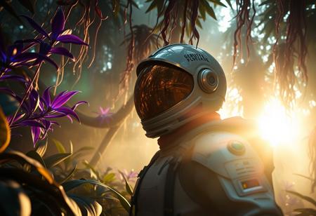 Cinematic shot, astronaut exploring an alien jungle, dense foliage towers overhead, exotic plants with glowing bio-luminescent tendrils, vibrant purple and blue leaves, soft mist, futuristic space suit, helmet with gold visor, helmet visor reflects the strange environment, backlit by the morning sun, gentle rays filter through, creating a soft glow, dramatic camera angle, shallow depth of field, 8K, UHD, dslr, film grain, intricate details, hyperrealistic.