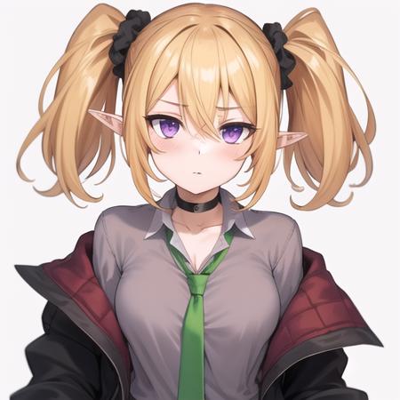 (masterpiece, best quality:1.2),illustration,8k,hd,1girl,solo,upper body,(portrait:1.2),st. theresa's girls academy school uniform,pointy ears,twintails,elf,blonde hair,necktie,black coat,grey shirt,purple eyes,choker,wrist scrunchie,scrunchie,pleated skirt,black choker,red skirt,green necktie,open clothes,hair between eyes,socks,thigh strap,loafers,<lora:Chole-V1:0.6>,