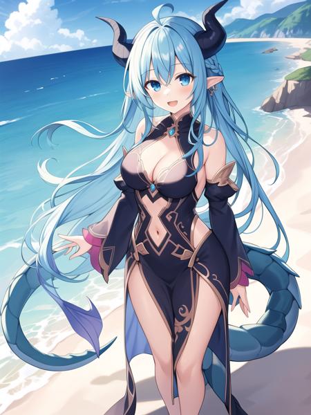 (masterpiece, best quality),1girl,ahoge,bangs,braid,day,detached sleeves,dragon girl,dragon horns,dragon tail,dress,hair tubes,highres,horns,long hair,long sleeves,looking at viewer,ocean,open mouth,outdoors,pointy ears,blue hair,smile,solo,standing,tail,very long hair