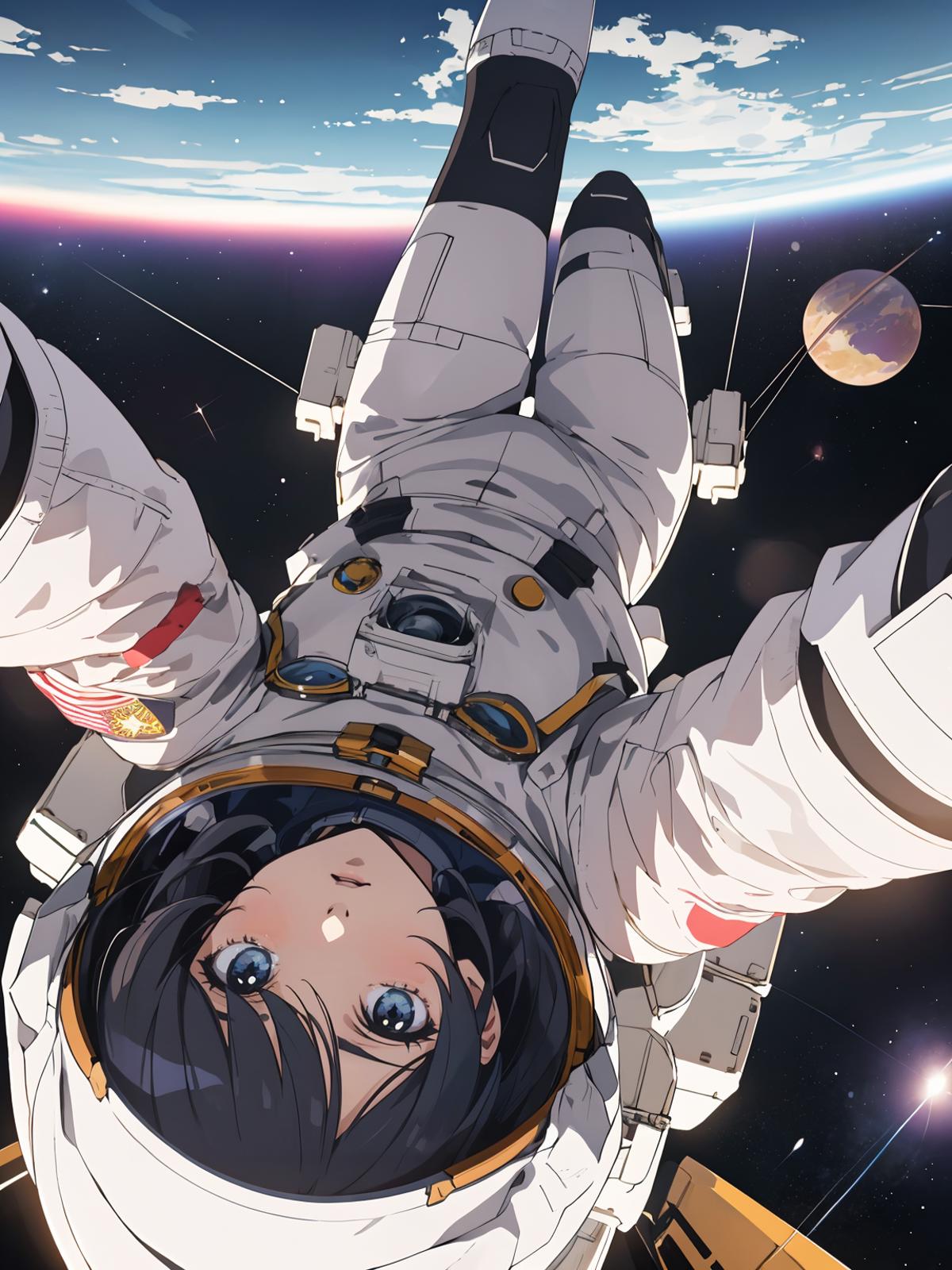 A cartoon image of an astronaut in a white suit with blue eyes, flying in space.