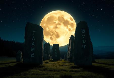 high quality, high resolution photo. night time scene with a full moon illuminating ancient standing stones. The layout is centered on the moon, which is framed by the tall, weathered stones. The stones are engraved with faintly luminous runes and they cast shadows on the grassy ground. The sky is dark with scattered stars and galaxies, and on the horizon distant forests and mountains. The overall atmosphere is one of magic and mystery , with the moonlight providing an eldritch atmosphere to the scene.