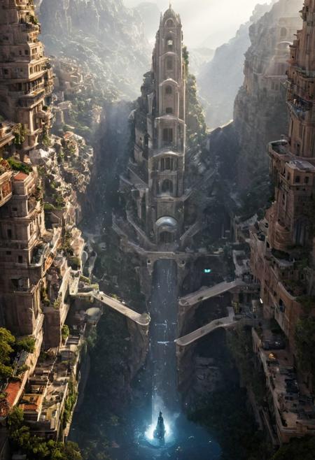 POV view , DOF,
(Ancient civilization, Alien Prometheus movie scene, dune movie scene:1.5), (The colonial city of the future, in the mist-filled Grand Canyon, on an unknown Earth-like planet, 2 moon on sky, Spaceship flight connects colonies, waterfulls:1.3), (Machu Picchu, a mountain settlement, incredibly spectacular:1.2), (Mario Botta:1.3), (avant-garde, future, reality, science fiction, photorealistic), (modern architecture:1.2), White limestone with black granite, fountain, waterfall, landmark, square, path, narrow street,
(Large Files, Ultra Realistic, 8K, 16k, FHD, HD, VFX, Perfect, Photography, composition, Architecture Sales Photography, Architecture Competition, Ultra High Resolution, Cinematography, High Resolution Image:1.1), (dramatic lighting, direct sunlight, ray tracing, clear shadow:1.2),  (real landscape:1.1), (blurred background:1.0), (urban background, more_details) ,
great lighting, clear, hillscastel, <stardeaf-cold-arc>, xtower, industrialbuilding