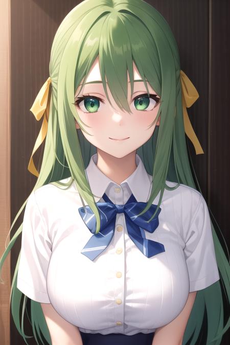 ((masterpiece)),(best quality),official art,extremely detailed CG,unity 8k wallpaper,ultra detailed,beautiful detailed eyes,extremely detailed face,1girl,solo,upper body,(portrait:1.5),looking at viewer,facing viewer,smile,sonozaki shion,very long hair,green hair,hair ribbon,yellow ribbon,hair between eyes,parted bangs,green eyes,collared shirt,white shirt,short sleeves,bowtie,blue bow,striped bow,large breasts,tight,blue skirt,pleated skirt,zettai ryouiki,black thighhighs,loafers,<lora:Sonozaki Shion(hnnk)>,