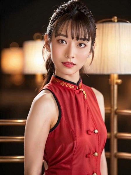 1girl, (wearing a sleeveless red silk cheongsam:1.2),(hair bun:1.2), (in london city:1.2),(RAW photo, best quality), (realistic, photo-realistic:1.4), masterpiece, an extremely delicate and beautiful, extremely detailed, 2k wallpaper, Amazing, finely detail, extremely detailed CG unity 8k wallpaper, ultra-detailed, highres, soft light, beautiful detailed girl, extremely detailed eyes and face, beautiful detailed nose, beautiful detailed eyes,cinematic lighting,perfect anatomy,(slim body:1.3),long hair,(black hair:1.2),city lights at night,earrings<lora:Saika_Kawakita_v10:0.8>