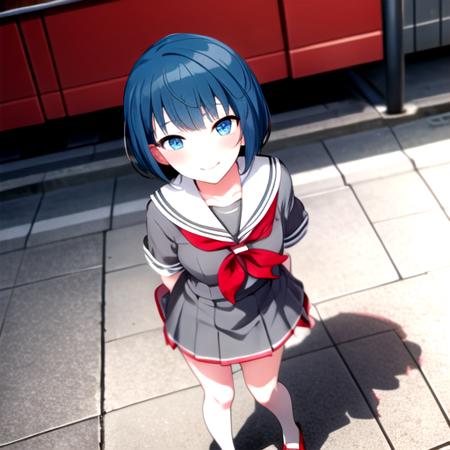 <lora:HarukaV2-07:0.75>,harukachan, blush, looking at viewer, feet, foot focus, from above, school uniform ,sailor collar, serafuku, red neckerchief, grey dress, smile, standing, toes