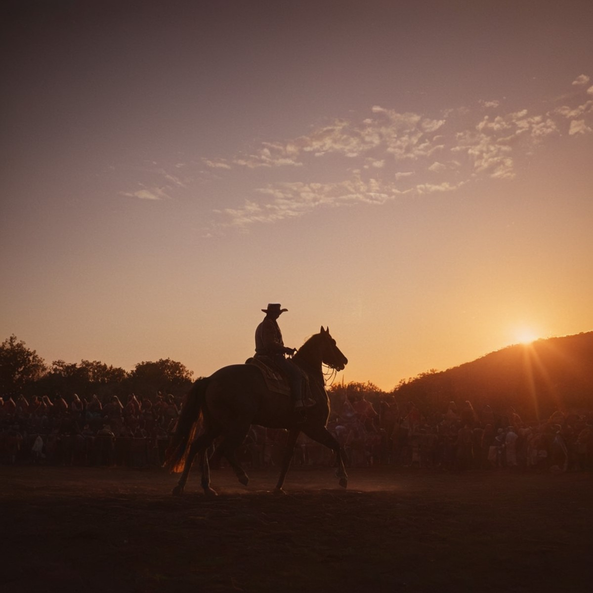 cinematic film still of  <lora:Warm Lighting Style:1>
warm light,a cowboy man riding a horse in front of a crowd of people...