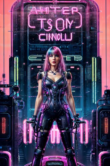 <lora:Taysway_V5-10:0.75> Taysway, adult woman, long neon pink hair, cinematic, 80s movie poster themed, 80s poster style, (mechanical:1.3), mind blowing, trippy, retro artwork, (cyberpunk theme:1.3), dystopian