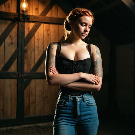 RAW full body analogue photo of a beautiful 20 years old woman, clear focus, 8K,__Random_Woman__,(background is a Rustic barn interior at dawn, dust particles dancing in golden light streaming through cracked window, worn wooden floorboards, vintage farming tools hanging on stone walls, woman in black lace corset and high-waisted jeans standing by antique plough, arms crossed, defiant expression, long French braid natural breasts, perky breasts, thicc, soft body,  gopro photo of an 20 yo woman, ((shoulder tattoos, sleeve tattoos)), blushing, shadow, hard light, dark background, vibrant tones, clean lines, minimalistic, artistic, abstract forms, modern design, dynamic angles, textured surfaces, contrasting hues, 50mm lens, f/8, eye-catching patterns, striking, crisp edges, imaginative ,low light, soft natural light, Rembrandt style light, Hasselblad DLSR camera, 200mm Zeiss lens, f/2.8, ,Sexy pose, erotic pose, exhibitionism , a dreamlike celestial garden