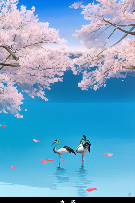 two cranes in a pond, trees all around, sakura petals, blue sky with clouds, <lyco:Masayuki-14:1.0>