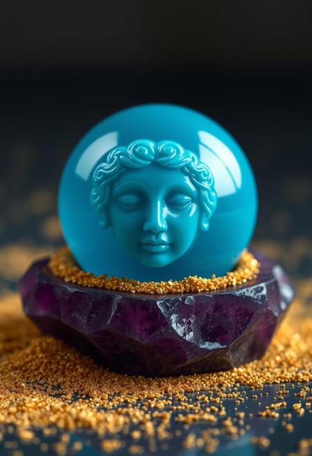 "Create a hyper-realistic image of a miniature cyan orb, its surface smooth and translucent, with a delicate face carved into its surface. The orb is nestled in a pile of gold dust, which sparkles and shimmers in the light. The orb is placed on a gemstone platform, expertly crafted from a deep, rich amethyst, the purple hue complementing the cyan orb perfectly. The face on the orb is serene and enigmatic, with intricate details and textures that seem to come alive in the light. The overall effect is one of ancient, mystical power and beauty." Octane render, Highest-Quality, 8 k, intricate details, visually stunning, Masterpiece