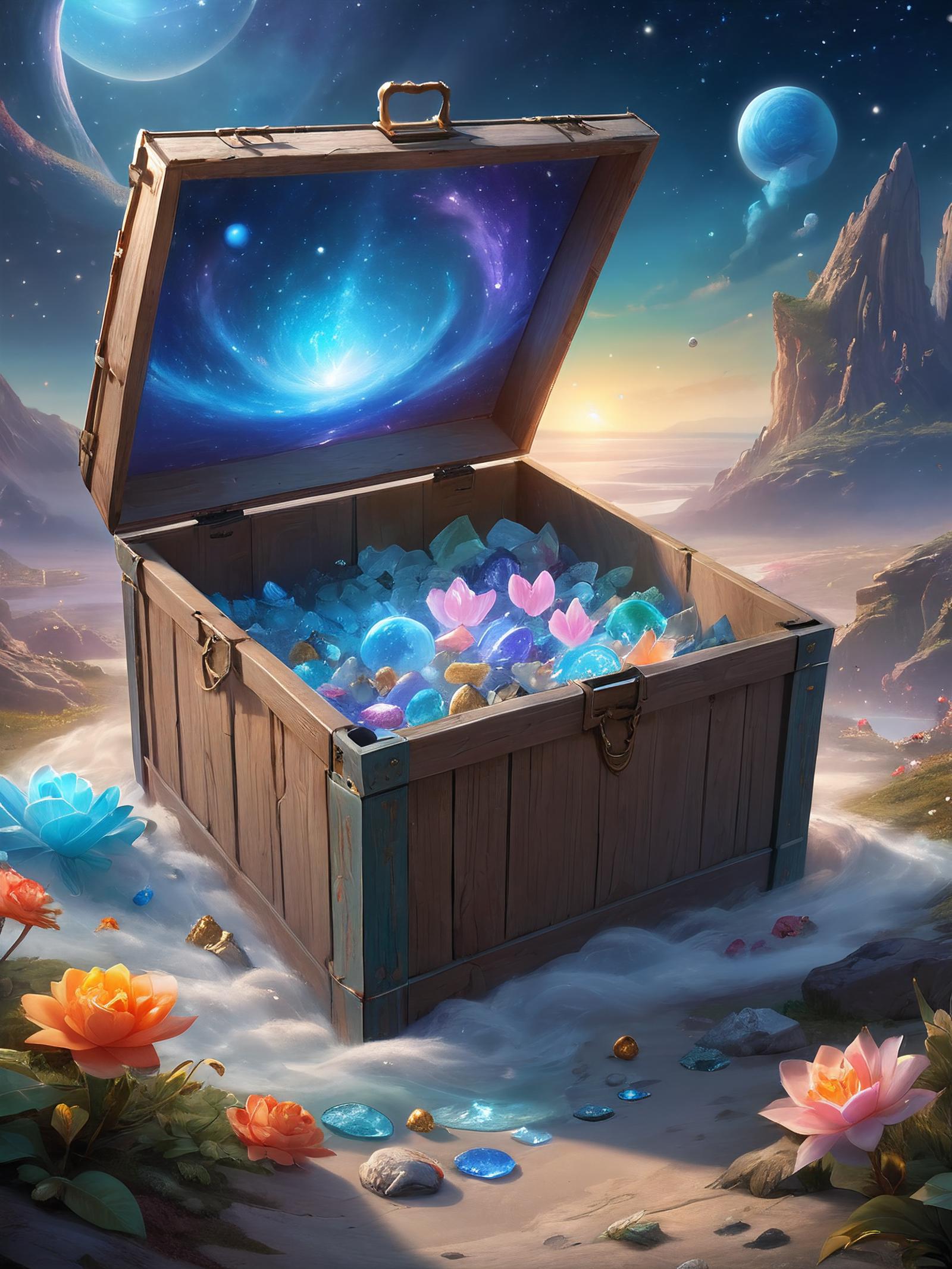 A box filled with colorful jewels, including gems and flowers, on a field of flowers.