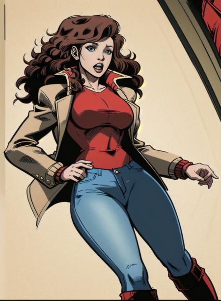 Kitty pryde brown curly hair alan davis marauders bradshaw shadowcat dark blue jacket cyan leggings puffy sleeves mask beige coat red shirt red leg warmers red queen