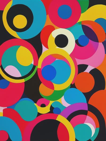 a painting, featuring colorful patterns and circles, in the style of yaacov agam, asymmetric balance, classic composition, dense compositions, musical color fields,