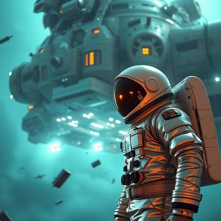 A cinematic shot of an astronaut in a vibrant silver spacesuit standing in the foreground, with a massive, spacecraft as the backdrop. The spacecraft is adorned with numerous lights, windows, and technical details. The astronaut's suit is equipped with various gadgets and patches. The atmosphere is filled with floating debris and a hazy teal glow