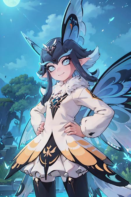 zzPhantomfly, looking at viewer, smile, fur collar, dress, wings, night, hands behind back, butterfly wings, 