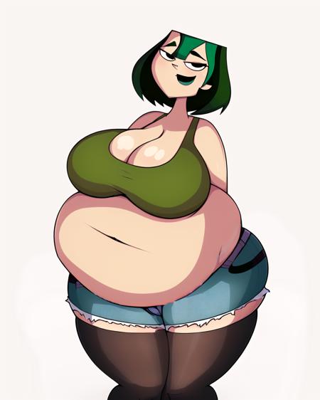 (uncovered thighs:1.3), no stockings, best quality, masterpiece, (ussbbw:1.1), art from total drama island, art by jaykuma, nude, naked, wide hips, massive thighs