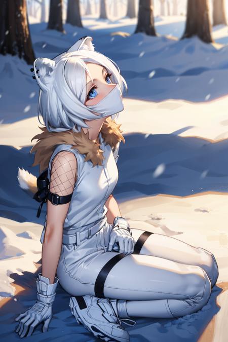 arkShirayuki hair over one eye, animal ears, black mask, fishnets, tail, ninja mask, black shirt, black gloves, black pants, black boots hair over one eye, animal ears, white mask, tail, ninja mask, white shirt, fur trim, white pants, white shoes, white gloves