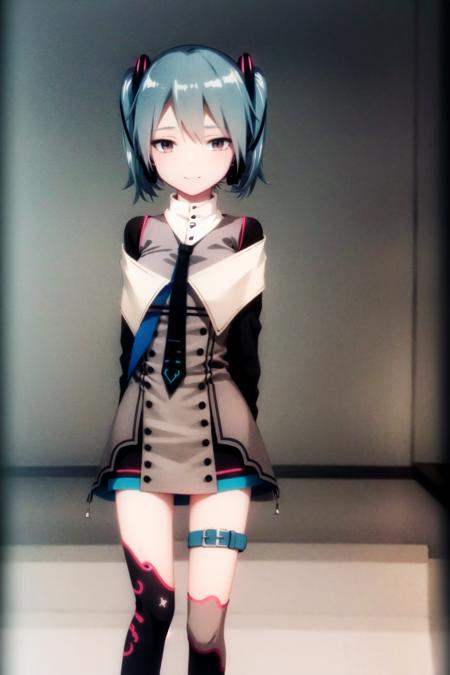 masterpiece, best quality, solo, 1girl, hatsune miku, vocaloid, mirai2015, dress, necktie, black gloves, thigh strap, thigh boots, standing, smile, arms behind back, crossed legs, looking at viewer, indoors