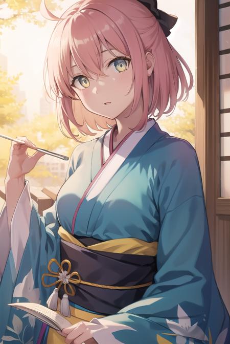 okitasouji, <lora:okitasoujitest:1>, okita souji, ahoge, black bow, pink hair, hair between eyes, hair bow, short hair, (yellow eyes:1.5),
BREAK japanese clothes, kimono, sash, pink kimono,
BREAK outdoors, city,
BREAK looking at viewer,
BREAK <lora:GoodHands-vanilla:1>, (masterpiece:1.2), best quality, high resolution, unity 8k wallpaper, (illustration:0.8), (beautiful detailed eyes:1.6), extremely detailed face, perfect lighting, extremely detailed CG, (perfect hands, perfect anatomy),