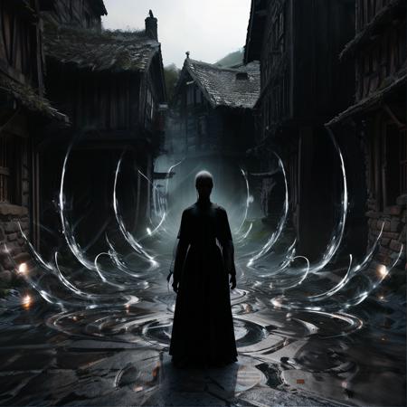 highly detailed photo of a (time elemental:1.2) in a medieval village,

1girl, sky hoops, white rising effect,

ground ripples,

standing on a medieval street,

photorealistic,
silhouette lighting,
cinematic, eerie, ethereal,







