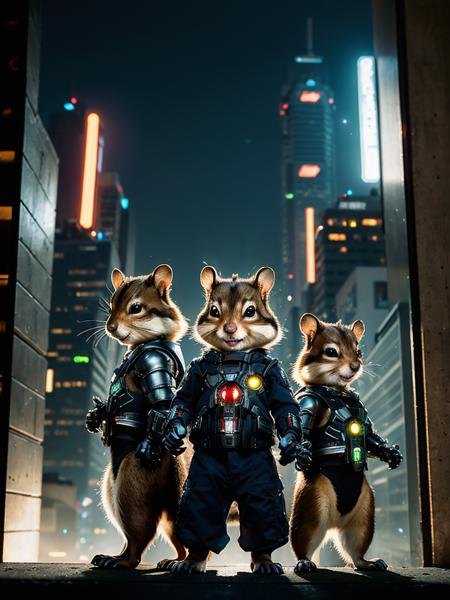 a photo of Chip & Dale, rescue rangers, 2 chipmunks, 
(masterpiece:1.2), (photo-realistic:1.56),(intricate details:1.3),
extremely detailed, depth of field, physically-based rendering, natural light, dynamic lighting,
SDXL,,((SFW)),
(cyberpunk), ((real-world chipmunks wearing armor:1.2)), ((stark tech:1.2)), futuristic city, tall black buildings, neon glow, dark sky, half-body jacket, ((futuristic gear)), laser guns,