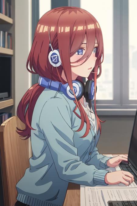 best quality, masterpiece, highres, solo, {nakano_miku_gotoubunnohanayome:1.15}, long_hair, brown_hair, bangs, hair_between_eyes, blue_eyes, headphones_around_neck, headphones, blush, closed_mouth, shiny_hair, 1girl, blue_cardigan, cardigan, from_side, profile, shiny, upper_body, open_mouth, indoors