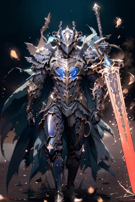 CGDivineSwordsw, armor, weapon, solo, 1boy, male focus, sword, shoulder armor, holding, helmet, glowing, holding weapon, holding sword, pauldrons, breastplate, gauntlets, full armor, cape, black armor, glowing weapon, greaves, epic glow, <lora:CGDivineSwordsw_20230611172159:1>