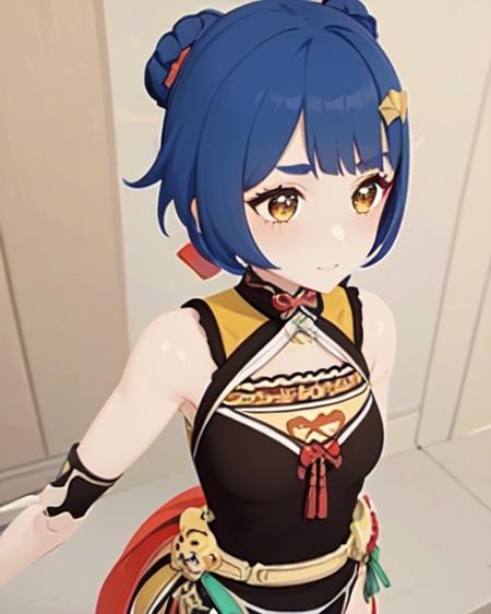 guoba, xiangling_\(genshin_impact\),  /   <lora:X_TEST18:0.8>,1girl, blue_hair, chinese_clothes, short_hair, vision_\(genshin_impact\),  amigurumi (medium), (bear_guoba, pyro eyes), guoba