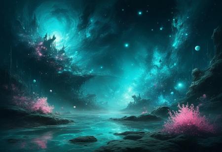 (by Ellen Jewett:1.5), (space), (Bioluminescent Impressionism, incredibly beautiful, mysterious and mystical universe, turquoise and pink colors, mysterious atmosphere, rich gradients, digital art,   depth of field, biotech emotion:1.3) <lora:xl_more_art-full_v1:0.5> <lora:add-detail-xl:1> <lora:RMSDXL_Creative:2>