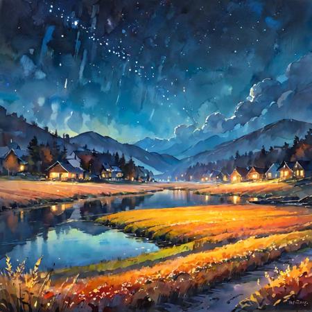 (highly detailed), ((masterpiece)),(Impasto), intricate, digital painting,shadow ,landscapes ,(autumn:1.2), fantasy,(firefly) ,delicate grassland
,(grassland:1.3),(lake:1.3),(villiage:1.2),lights,clear sky ,wind ,beautiful sky ,cumulus ,(night sky),(stars)
traditional watercolor painting,<lora:traditional_watercolor_painting:0.7>,