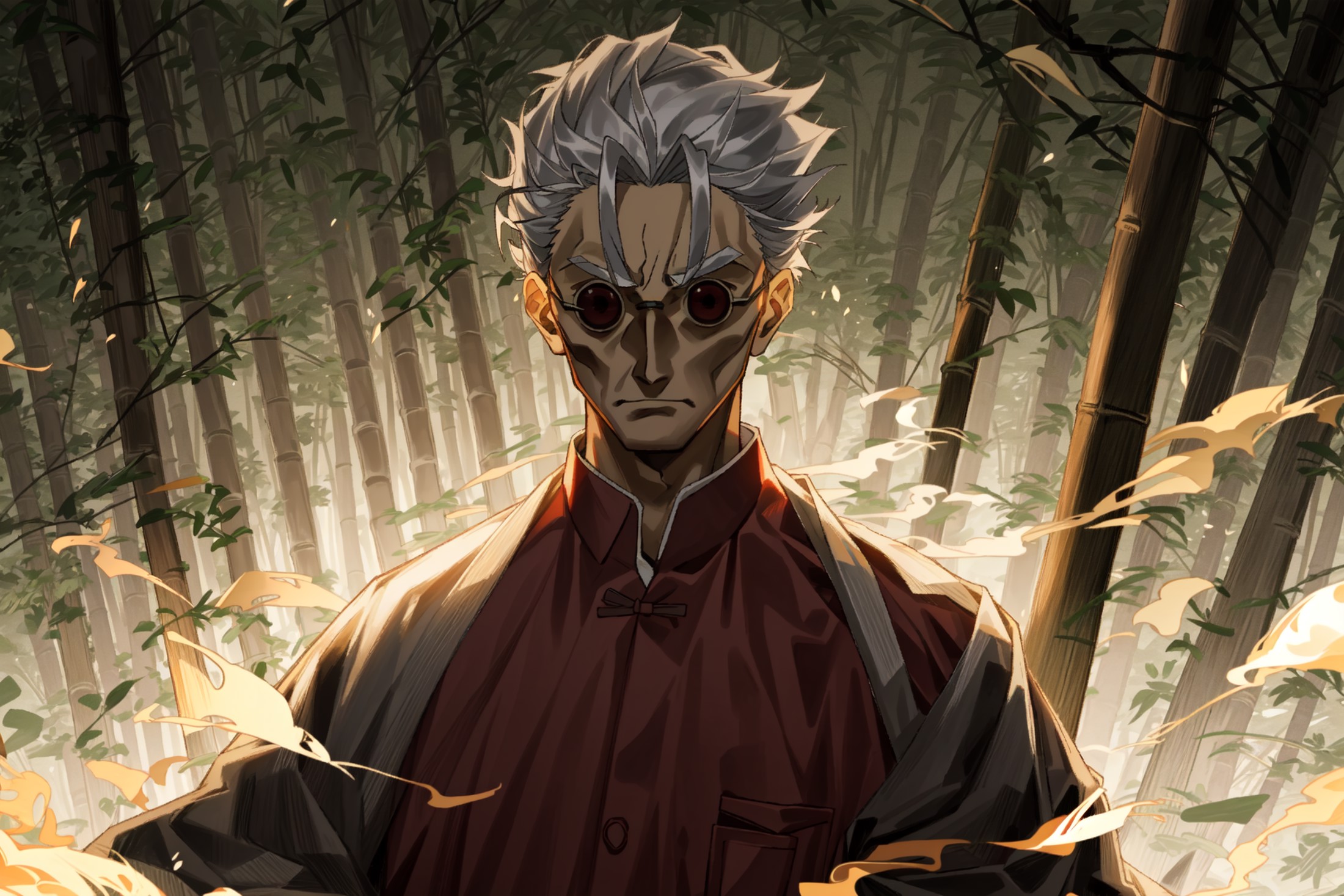 li shuwen (old), solo, outdoors, bamboo forest, looking at viewer, night, red eyes, masterpiece, best quality
<lora:old_li...