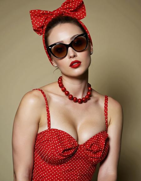 RAW full body analogue photo of a beautiful 20 years old woman, clear focus, 8K,__Random_Woman__,perfect face, sexy pose, wearing Rockabilly: Polka dot sweetheart dress, red heels, pin-up hair scarf, winged eyeliner, red lipstick, and retro cat-eye sunglasses., perfect eyes, detailed eyes, detailed iris, realistic skin, absolute perfect tits, soft tits, natural tits ,low light, soft natural light, Rembrandt style light, Hasselblad DLSR camera, 200mm Zeiss lens, f/2.8 ,Sexy pose, erotic pose, exhibitionism