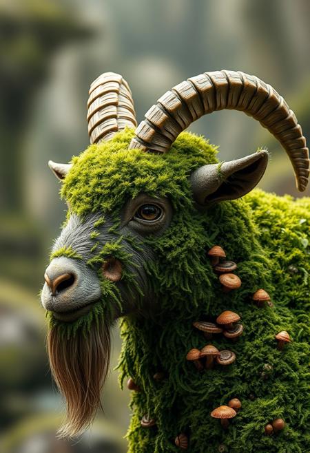 "Hyper-realistic, intricately detailed depiction of a majestic goat, its body composed entirely of lush, vibrant moss and delicate, exotic mushrooms. The goat's fur is rendered in intricate, velvety moss, with each strand meticulously textured and shaded to capture the subtle play of light on its surface. The horns, made of twisted, gnarled fungal growths, seem to sprout organically from the goat's forehead, while its eyes, shining like polished onyx, hold a deep, earthy wisdom. Every aspect of the goat's form, from the tender shoots of its beard to the intricate, lacy patterns of its mossy coat, is rendered with breathtaking precision and realism. Style: hyper-realistic, highly detailed, and richly textured, with a focus on capturing the eerie, otherworldly beauty of the moss and mushroom goat."