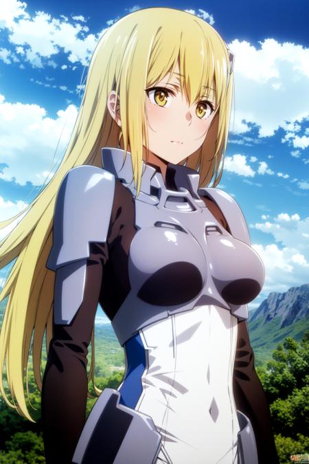 AizWallenstein,cloud, sky, cloudy sky, 1girl, blue sky, long hair, day, solo, outdoors, breasts, mountain, condensation trail, armor, blonde hair, upper body, gloves, very long hair, medium breasts, yellow eyes, sun, white gloves