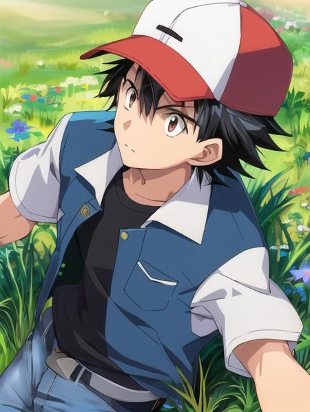 anime artwork, 1boy, OGAshK, baseball cap, black hair, short hair, spiked hair, brown eyes, outdoors, tall grass, blue jacket with white sleeves, black shirt, jeans, upper body, anime style, vibrant, highly detailed, <lora:Detail - add_detail:0.2>, <lora:Character - AshOG:0.9>