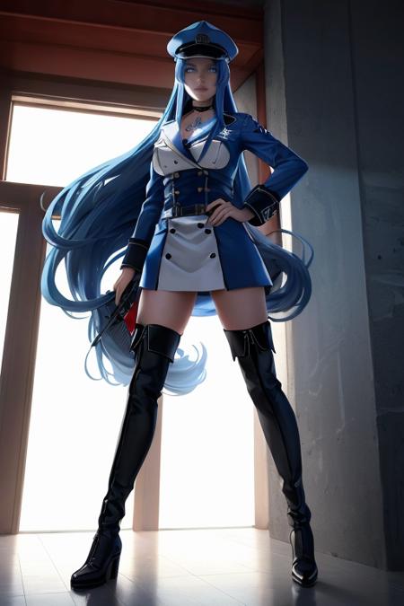 long_hair,hat,peaked_cap,blue_eyes,blue_hair,choker,very_long_hair,military_uniform,thighhighs,tattoo