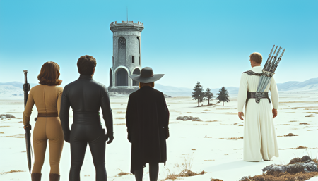 ArsMovieStill, movie still from a 1970s technicolor Sci-Fi movie, an image featuring two women and two men standing in the foreground, their backs are turned to us. The first woman is a dressed in a short khaki dress and holds a crossbow, with a scabbard on her belt. The second woman is dressed in a black cloak and wears a witch hat, with an ornate sword in her hand. The first man wears a padded jumpsuit and holds a staff with a ruby. The second man is dressed in white robes and has 6 swords strapped to his back. He is bald. In the background is a tall stone tower in the middle of a snowfield. There are a few trees scattered around in the distance and the sky is clear and blue. The tower and the trees are miniatures, the sky and the distant background are painted backdrops.