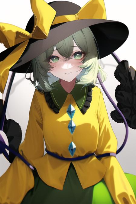 masterpiece, best quality, komeiji_koishi, green_eyes, heart_of_string, yellow_shirt, hat, eyeball, skirt, wide_sleeves, 1girl, green_skirt, frills, green_hair, black_headwear, shirt, long_sleeves, bow, looking_at_viewer, yellow_bow, frilled_sleeves, solo, heart_hands, underwear, heart-shaped_pupils, hat_ribbon, string, holding_clothes, frilled_shirt_collar, hat_bow, blouse,  yellow_blouse,  hair_between_eyes, ribbon, yellow_ribbon