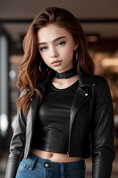 photo of beautiful young (r3natavall:0.99), a woman, (black leather jacket:1.2), (red long sleeve top), (jeans), in a department store, natural light, (masterpiece:1.2) (photorealistic:1.2) (best quality) (detailed skin:1.2) (intricate details) (8k) (HDR) (cinematic lighting) (sharp focus), (looking at the camera:1.1), hoop earrings