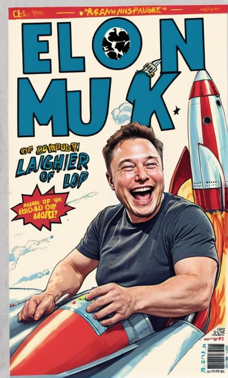 hyperrealistic art expressionist Vintage comic book cover headline text  ''Elon Musk'' illustration of Elon Musk laughing manically siting on top of a rocket . raw, emotional, dynamic, distortion for emotional effect, vibrant, use of unusual colors, detailed . extremely high-resolution details, photographic, realism pushed to extreme, fine texture, incredibly lifelike