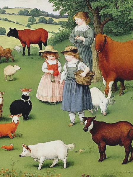 <lyco:KateGreenaway:1.0> Farm animals, by Kate Greenaway